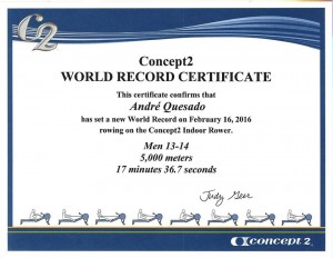 certificado Mundial Concept2 André Quesado 2016